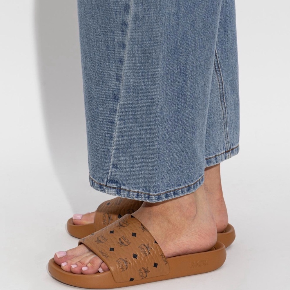 MCM Brown Logo-Pattern Slide Sandals